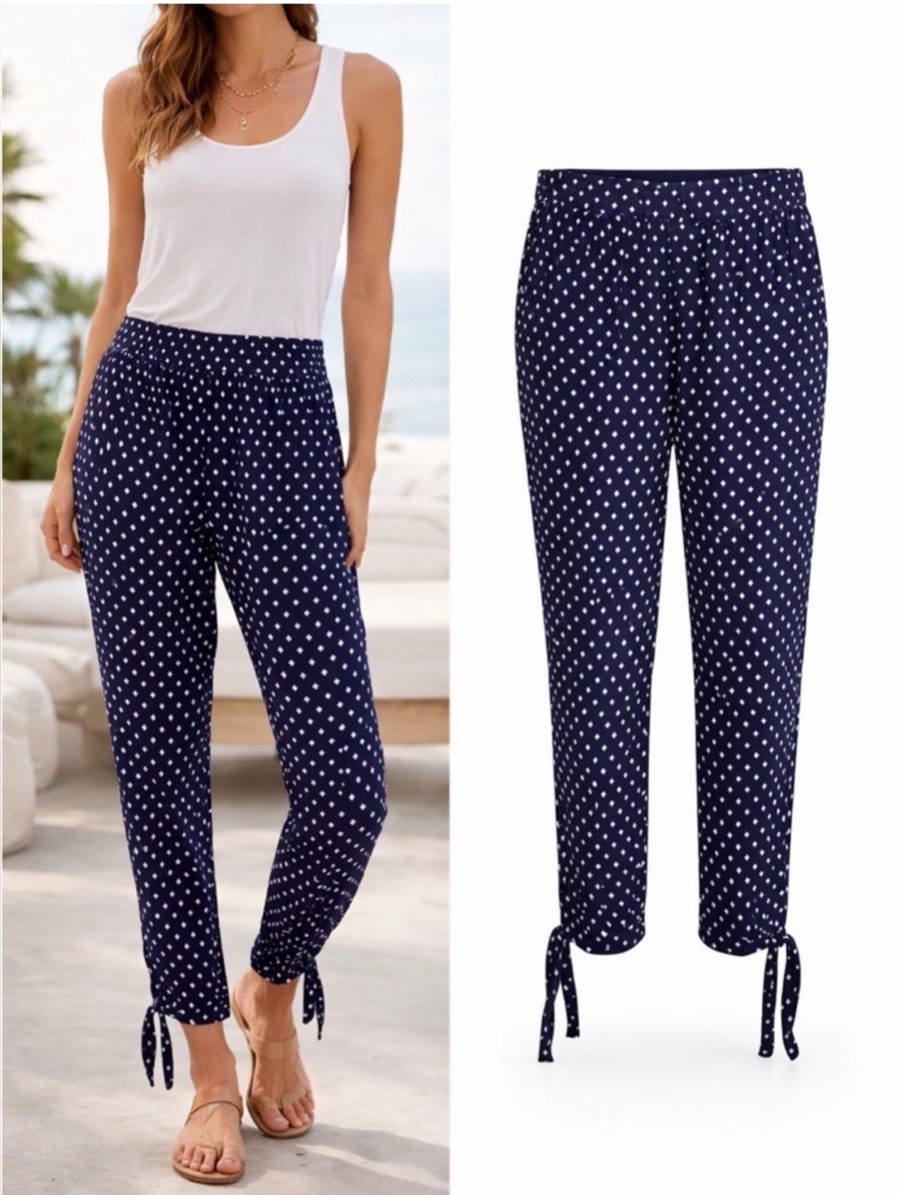S🔷 Anthropologie Saturday Sunday Navy Blue
Geometric Printed Pants Rayon Tie Hem